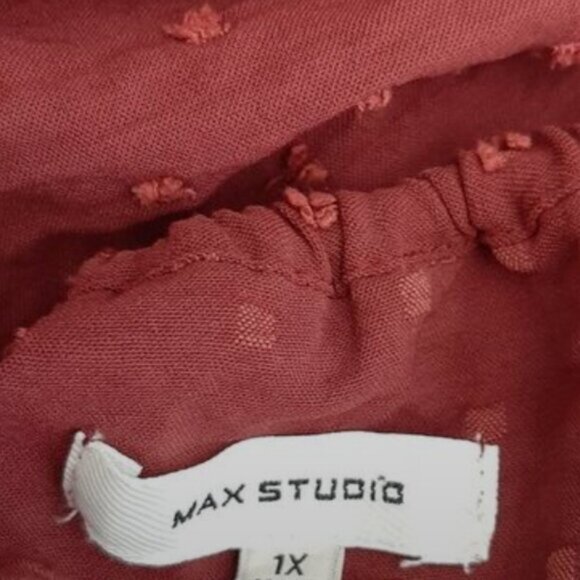 MAX STUDIO / Swiss Dot Textured Boho Ruffle Sleeve Blouse Rust Brown Sz XL - Picture 12 of 13